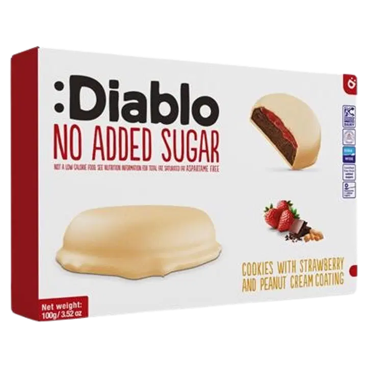 Diablo kaakaokeksit mansikkakermatäytteellä ja maapähkinäkuorrutteella ilman lisättyä sokeria 100 g