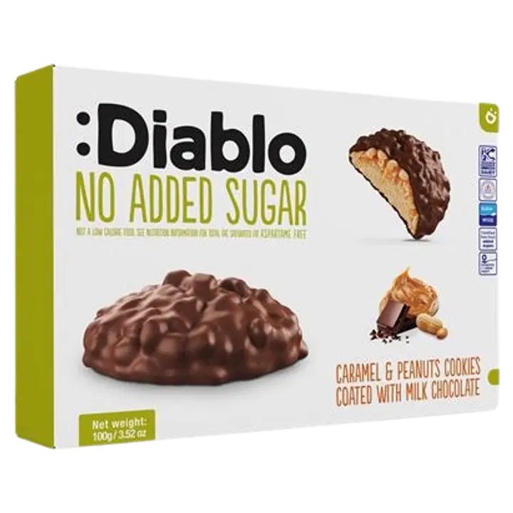 Diablo karamelli- ja pähkinäkeksit maitosuklaalla ilman lisättyä sokeria 100 g