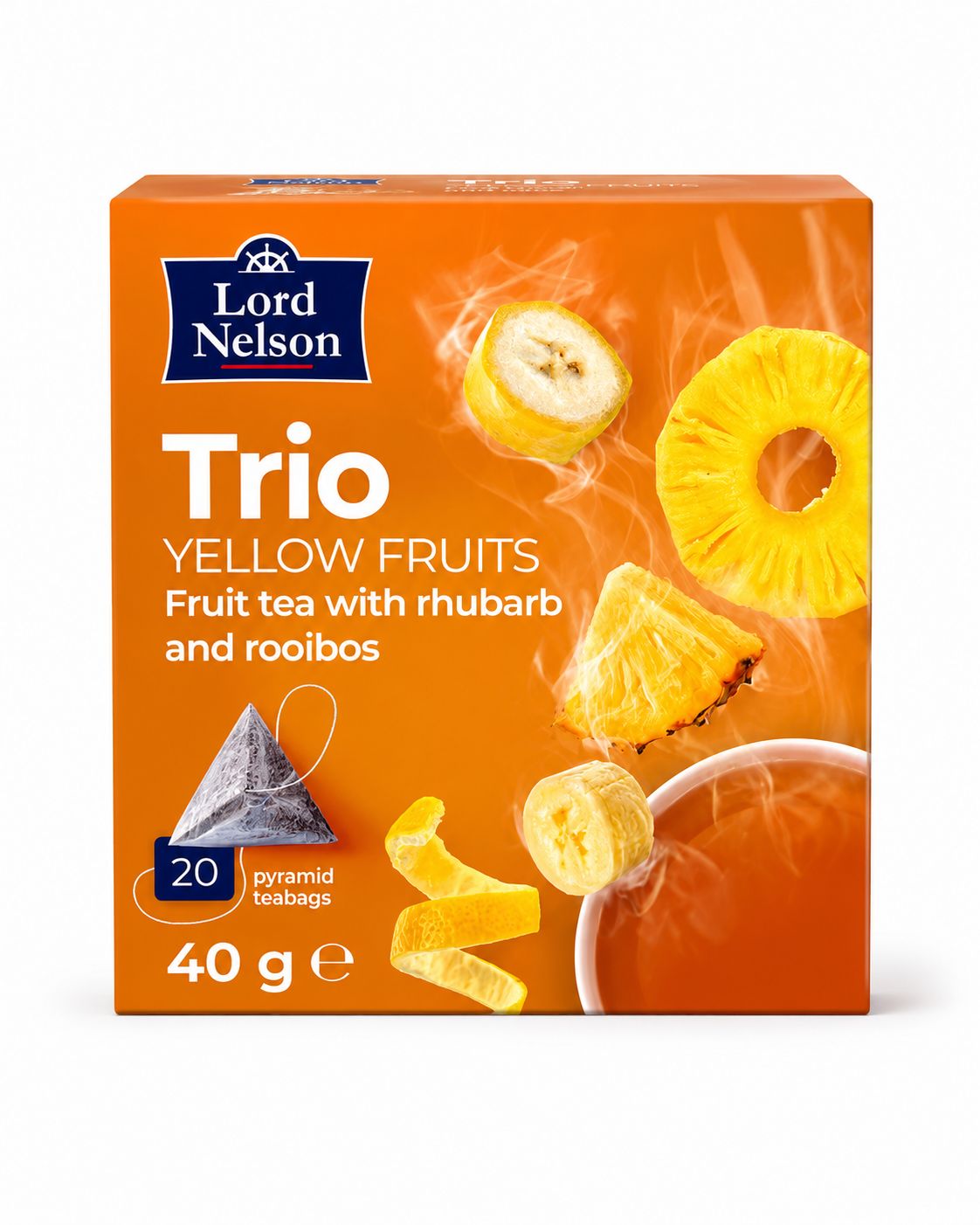 Lord Nelson Trio Yellow Fruits -hedelmätee raparperilla ja rooibos-uutteella, 20 pyramiditeepussia, 40 g