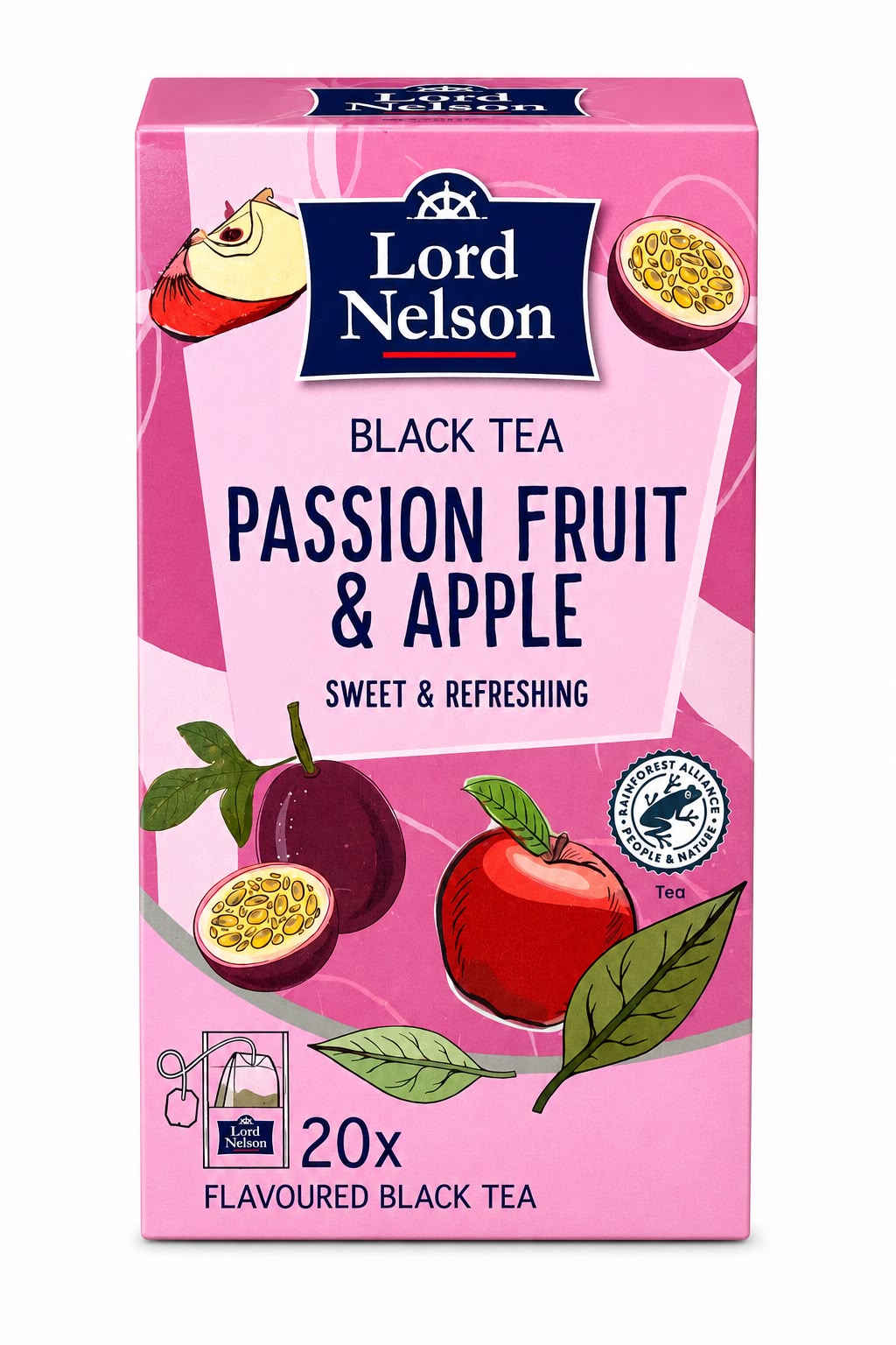 Lord Nelson Passion Fruit & Apple, mustaa teetä, jossa on passionhedelmää ja omenaa, 20 teepussia