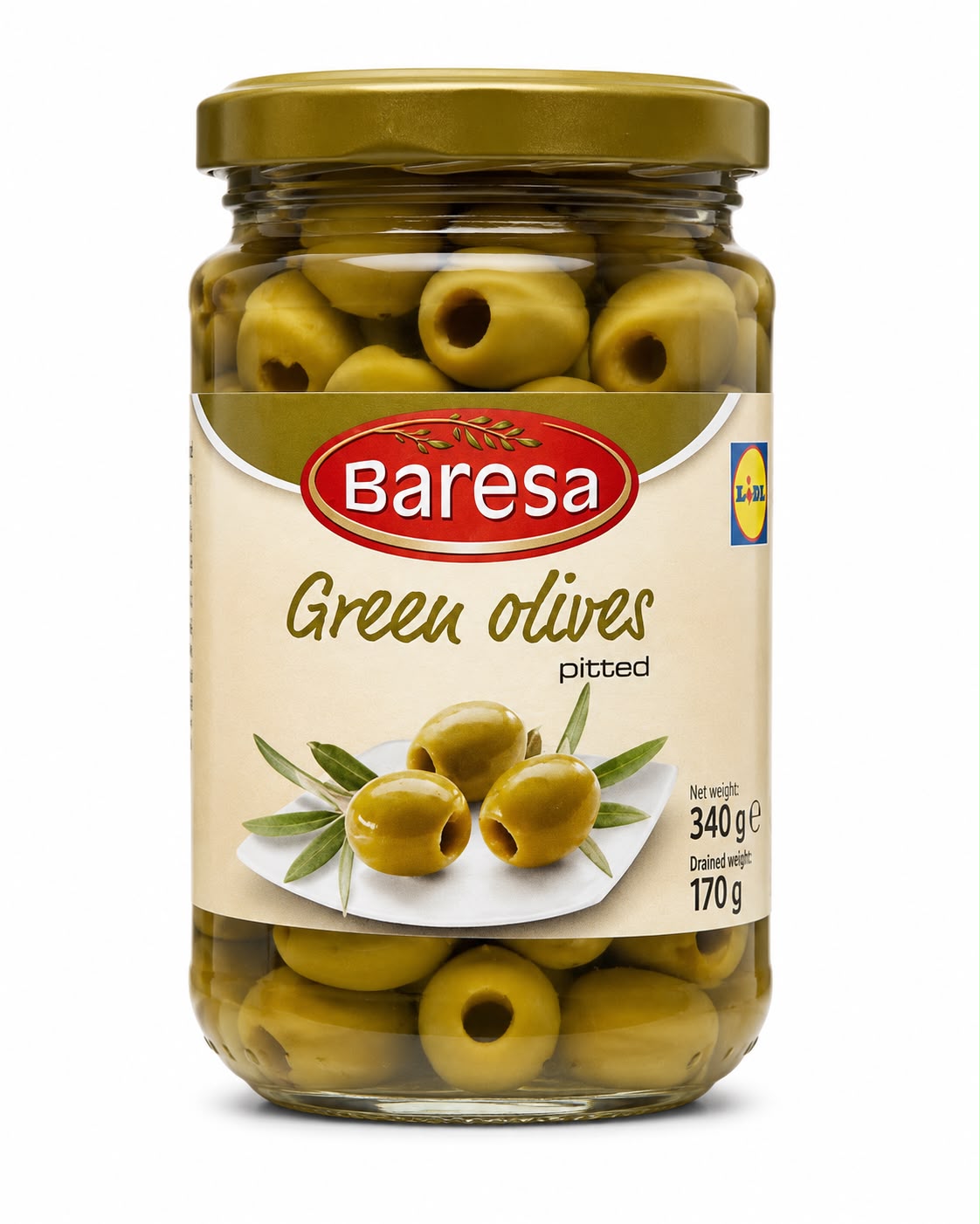 Baresa-kivettömät vihreät oliivit – kivettömiä vihreitä oliiveja, 340 g