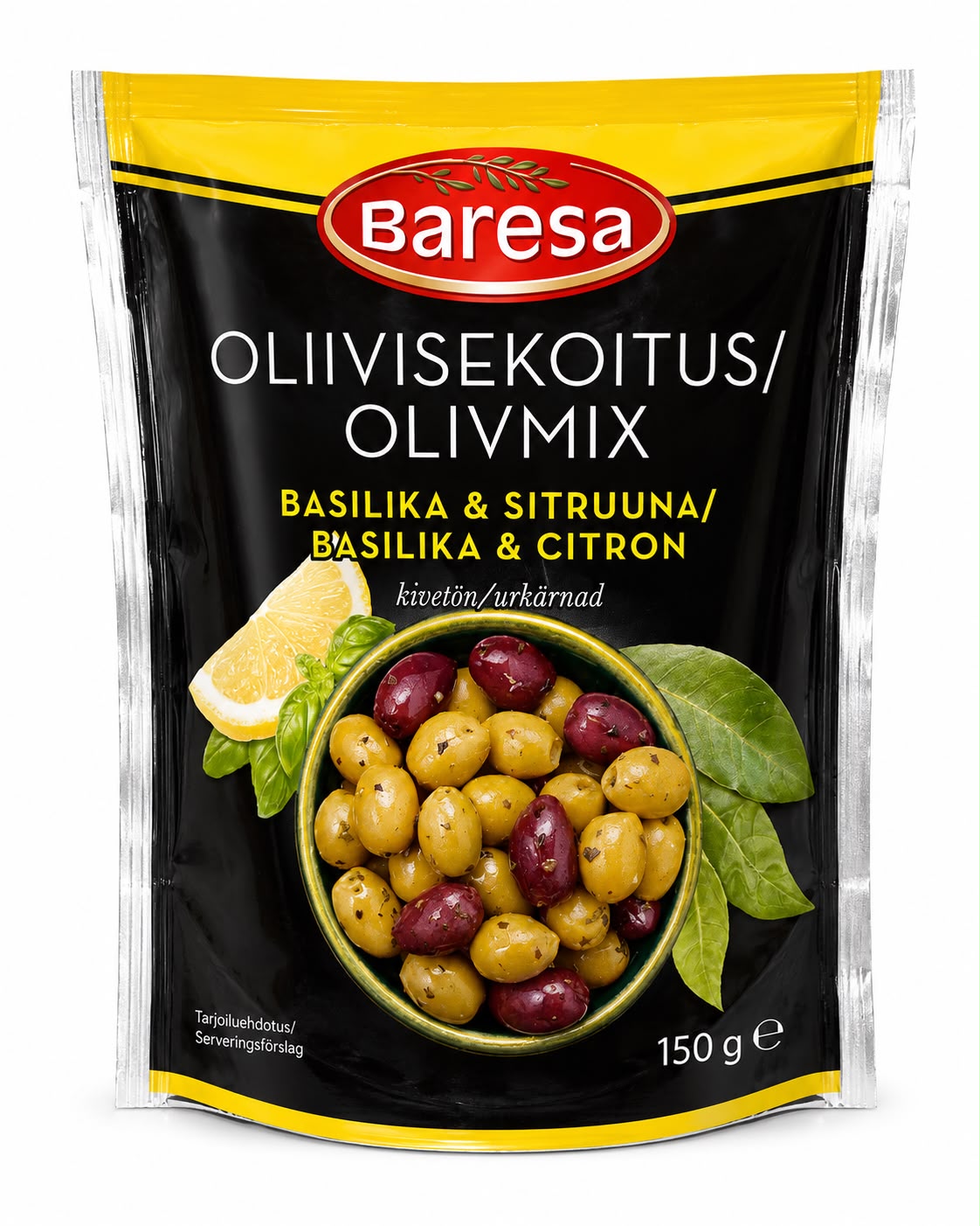 Baresa Olive Mix Basil & Lemon – sekoitus kivettömiä vihreitä oliiveja ja Kalamata-oliiveja basilika-sitruunamarinadissa, 150 g