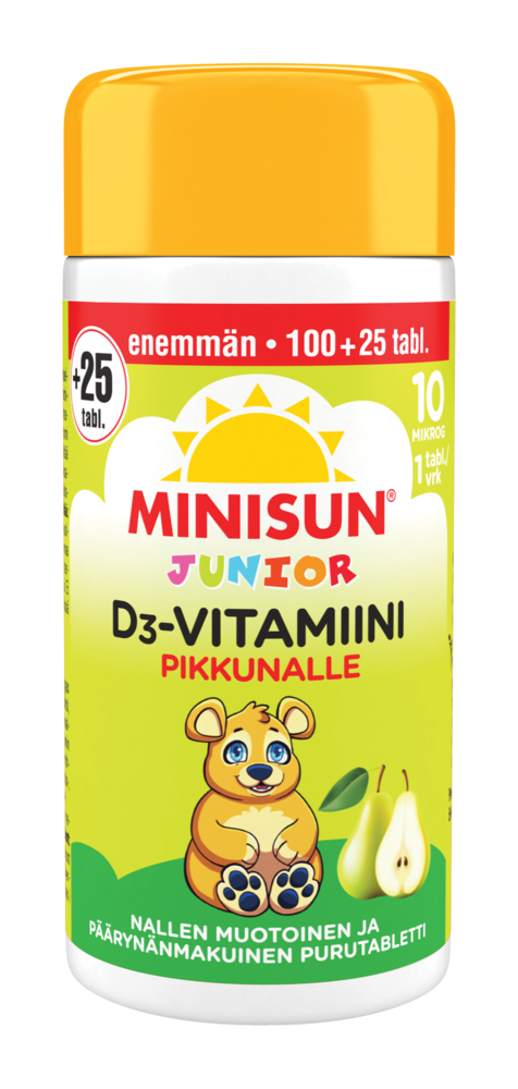 Minisun D-vitamiini 10 mikrog Päärynä Nalle Junior 125 tabl