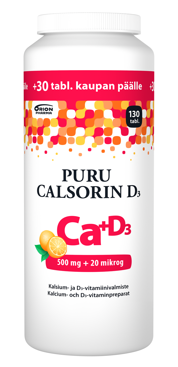 Puru Calsorin D3 500 mg + 20 mikrog 130 purutabl appelsiini