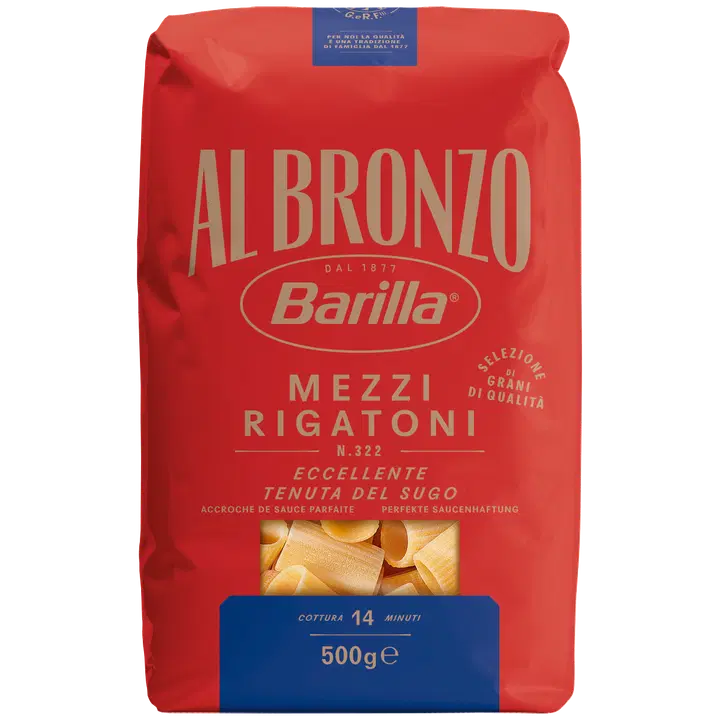 Barilla Al Bronzo Mezzi Rigatoni n. 322 durumvehnästä valmistettu pasta 500g