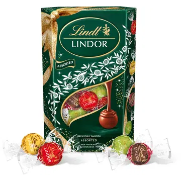 Lindt LINDOR Maito, valkosuklaa, Double Chocolate ja pistaasi suklaakuula pehmeällä täytteellä 337g