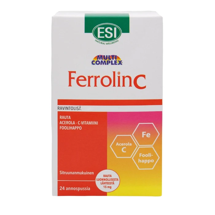 ESI FerrolinC Sitruunanmakuinen Rautapidolaatti + Acerola 24 annospussia