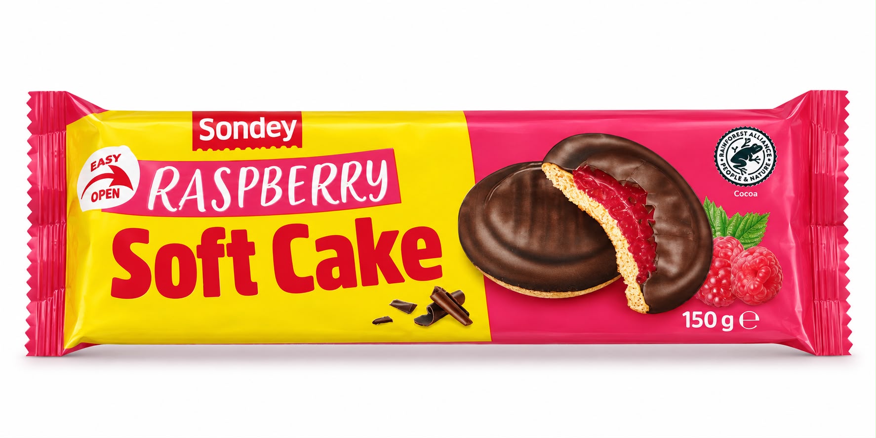 Sondey Soft Cake – pehmeä leivonnainen, jossa on vadelmatäyte ja tummaa suklaata, 150 g