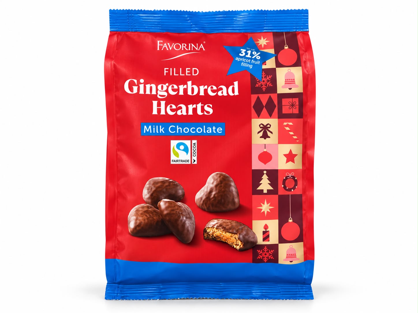 Favorina-täytteiset piparkakkusydämet — aprikoositäytteisiä piparkakkusydämiä, kuorrutettu maitosuklaalla, 300 g