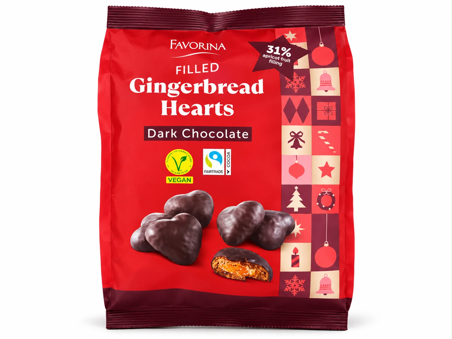 Favorina-täytteiset piparkakkusydämet — aprikoositäytteisiä piparkakkusydämiä, kuorrutettu dark, 300 g
