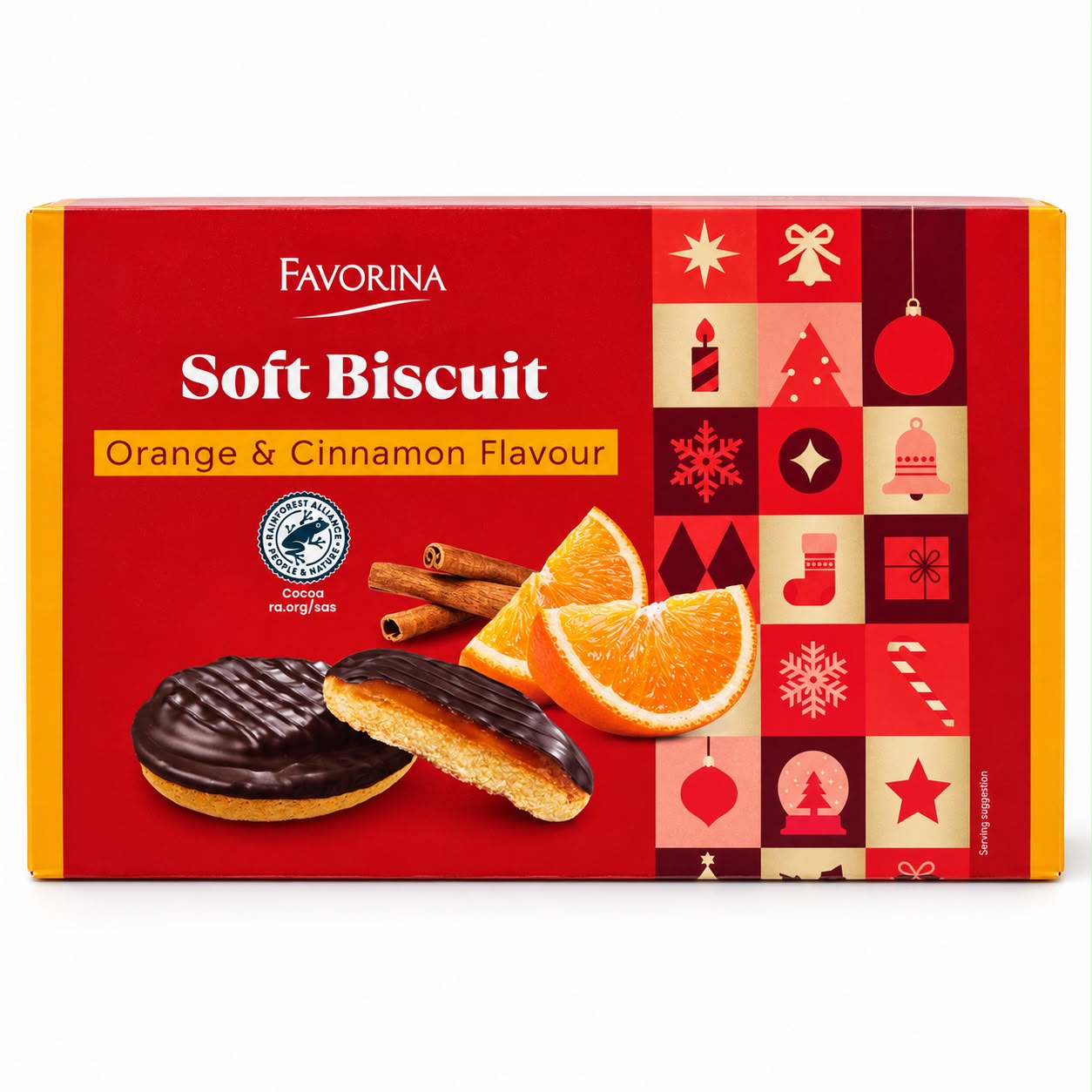 Favorina Soft Biscuit – pehmeitä appelsiini- ja kanelikeksejä, jotka on päällystetty tummalla suklaalla, 300 g