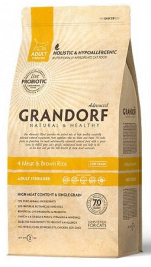 Grandorf корм для кошек - 4 Мяса с рисом и пробиотиками Sterilised 2 кг 