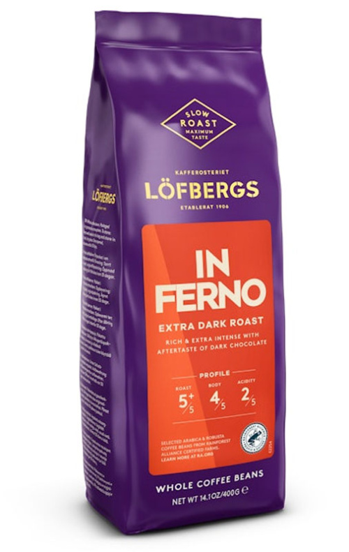 Кофе в зёрнах Löfbergs Inferno, экстра тёмная обжарка, 400 г, RFA 
