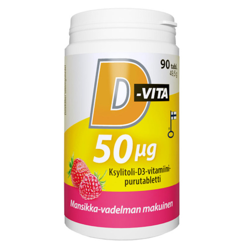 Vitabalans D-Vita 50 мкг с вкусом клубники и малины, 90 таблеток – жевательные таблетки с ксилитом и витамином D3 